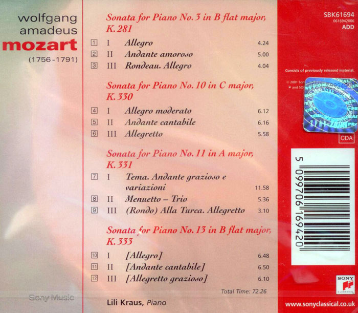 Club CD MOZART Piano Sonatas Nos. 3, 10, 11 & 13